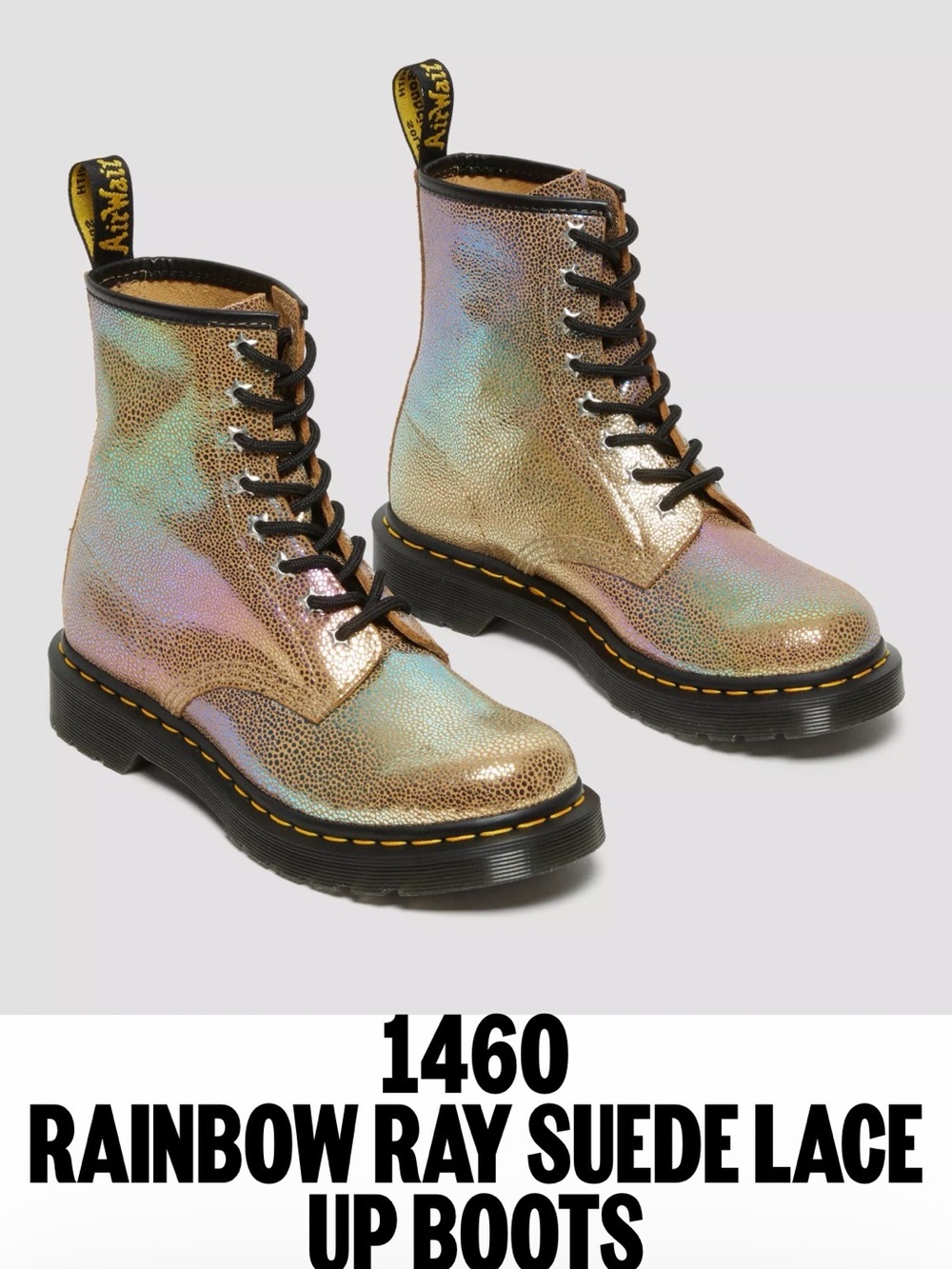 Dr. Martens Iridescent Gold Lace-Up Combat Boots with Yellow Stitching